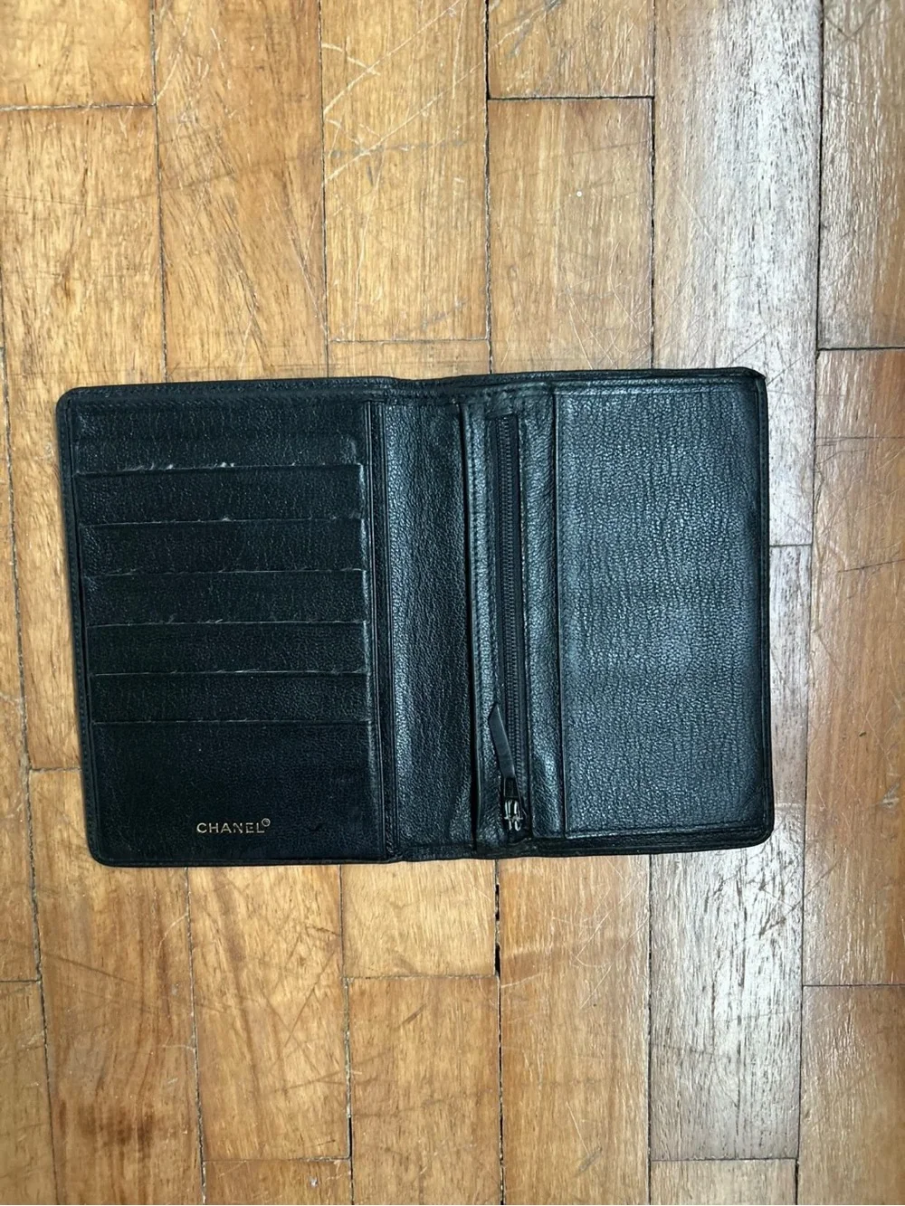 CHANEL Black Leather Card & Key Holder with Gold CC Emblem
